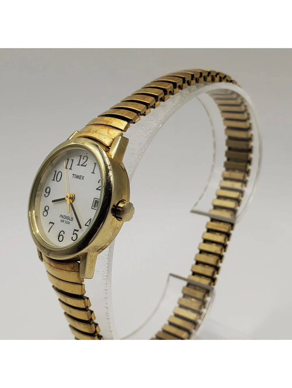 Timex Indiglo Womens Watch 25mm Gold Tone Stretch Band Date Dial New Battery